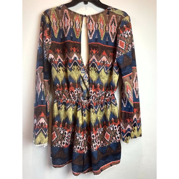 Illa Illa Women Romper Southwest Patterned Crochet Trim Bell Sleeve Brown Large - Picture 2 of 8